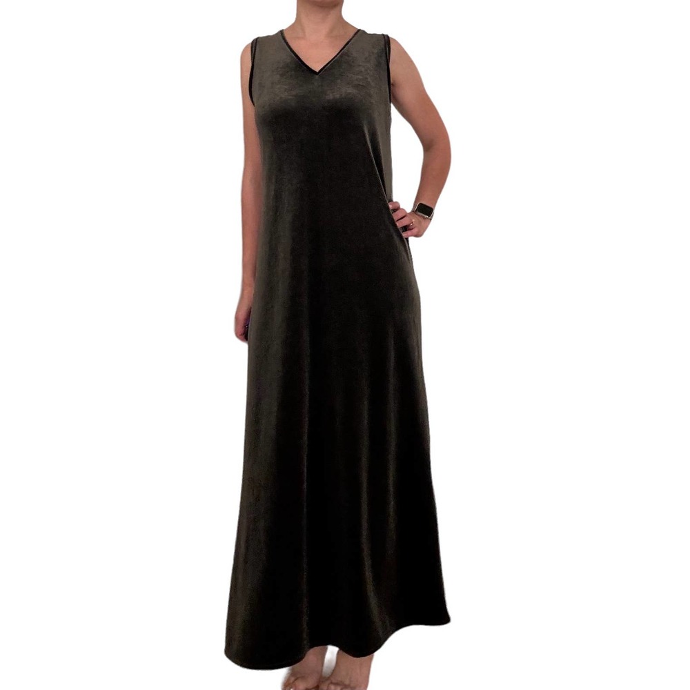 EILEEN FISHER V-NECK VELVET MAXI SHIFT DRESS SYSTEM RELAXED FIT WOMEN SIZE S/M